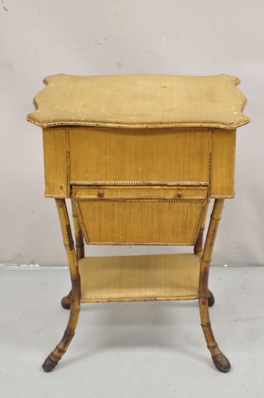 Antique English Victorian Bamboo Rattan Sewing Box Work Stand Side Table gallery