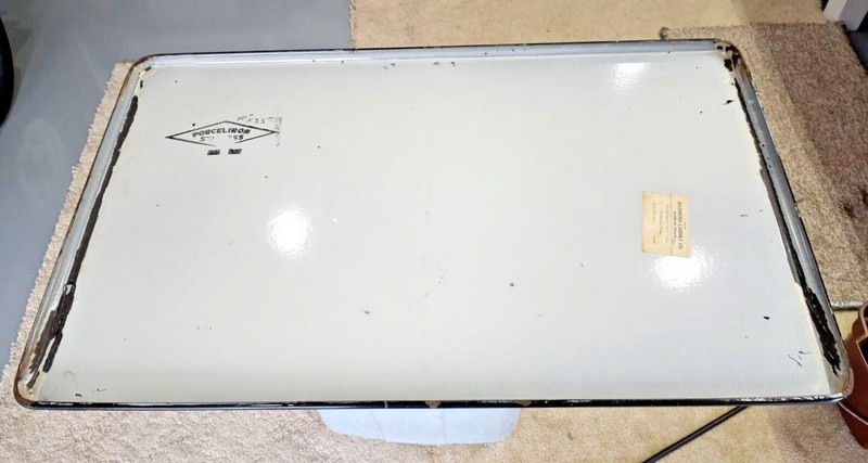 Vintage 1938 PORCELAIN ENAMEL TABLE TOP 25x40" WHITE BLACK RICHMOND CABINET CO gallery