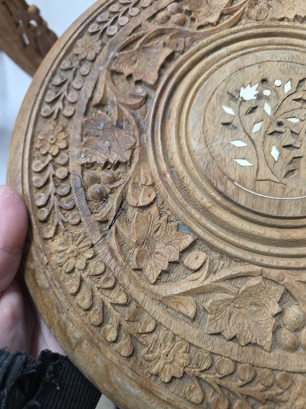 Hand Carved Inlaid Wood 2 Piece Ornate Table/Plant Stand- 11-1/2" dia & 12-1/2"T gallery