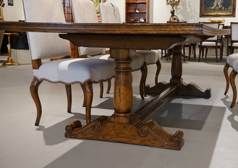 NO TARIFFS! Beautiful 9' French Country Oak wood Trestle Base Dining Table gallery