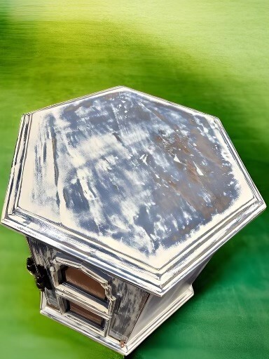 Lane Company vintage end table. Dual door. White with blue underneath. Worn look gallery