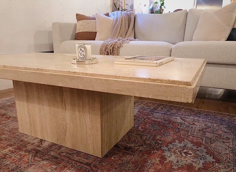 Vintage Italian Travertine Coffee Table | MCM Postmodern Polished Stone