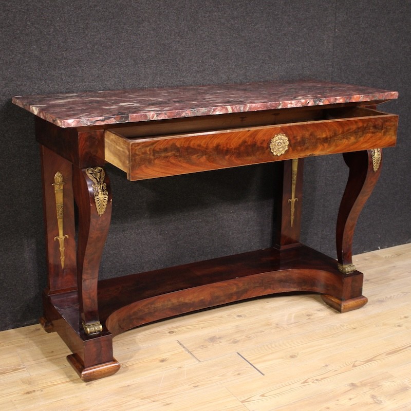 Antique console Italian table mahogany wood marble top Empire style 19th cent gallery
