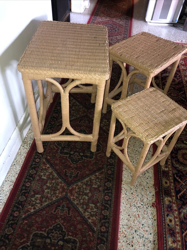 Vintage Coastal Woven Rattan Nesting Stacking Tables Boho Wicker Chic 3 Piece gallery