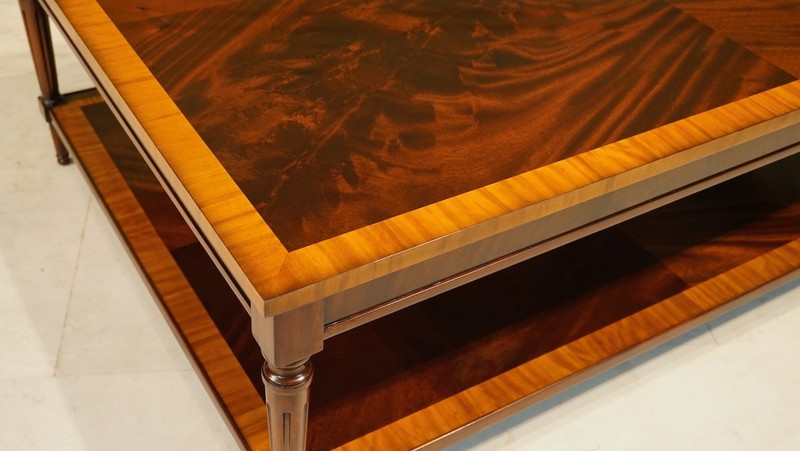 Rectangular Flamed Mahogany Coffee table with banding and lower shelf gallery
