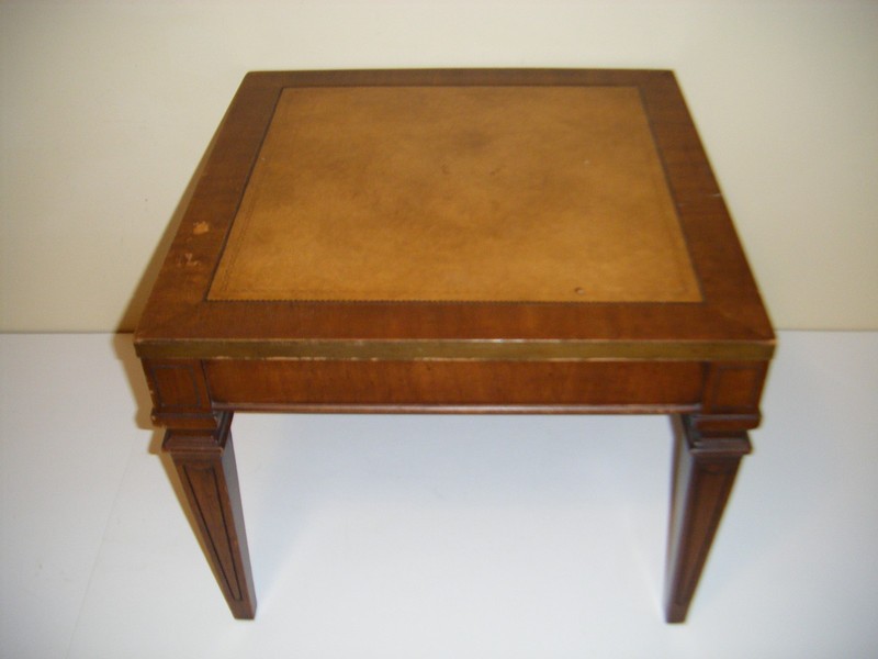 Antique MCM Wood Leather Top 18"x18" Ornate End Table gallery