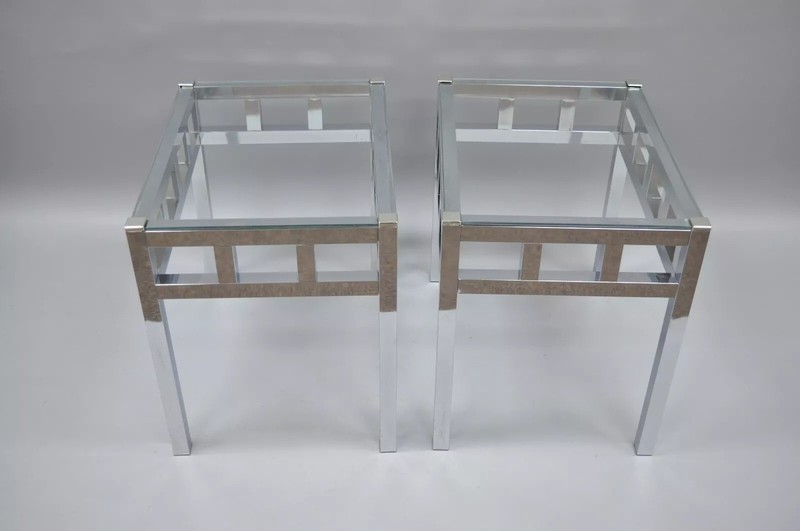 Mid Century Modern Baughman Style Chrome & Glass Rectangle Side Tables - a Pair gallery