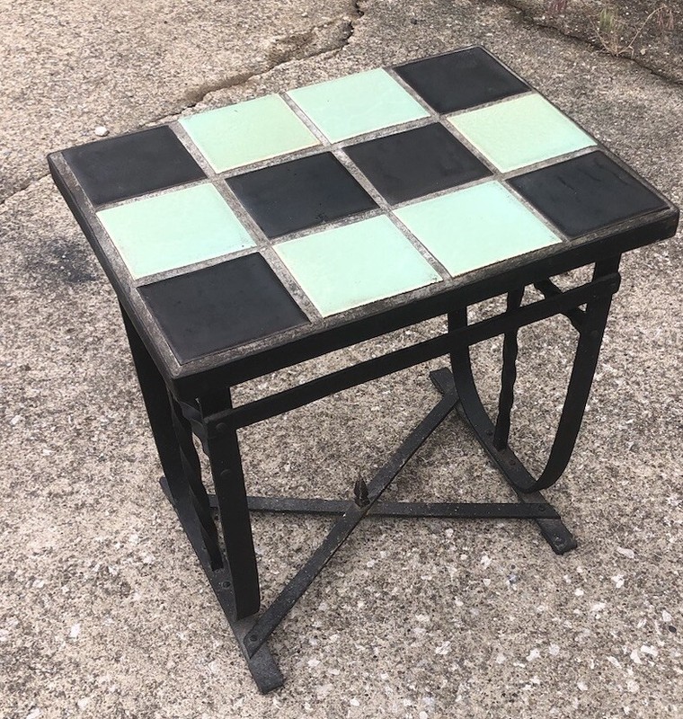 Vintage Tile Top Wrought Iron Side End Table Green & Black D & M? California