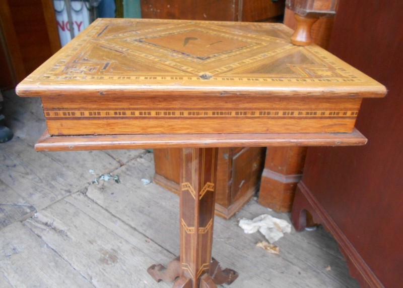 ANTIQUE ONE OF A KIND FOLK ART INLAID ONE DRAWER SMOKING STAND gallery