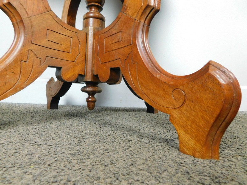 19c Antique Eastlake Victorian Oval Top Table Walnut Parlor Display Carved Ships gallery
