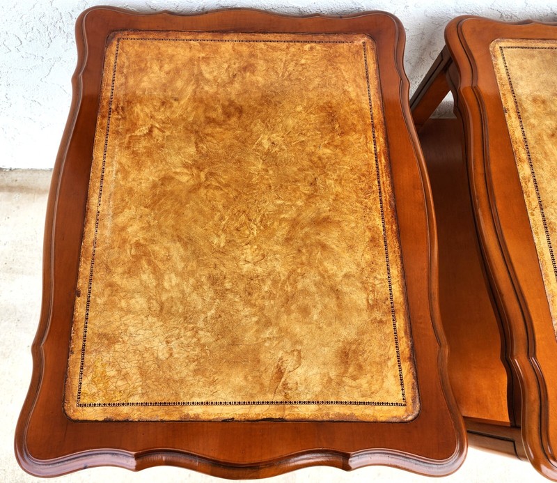 Vintage French Side Tables Walnut Leather Top by HAMMARY gallery