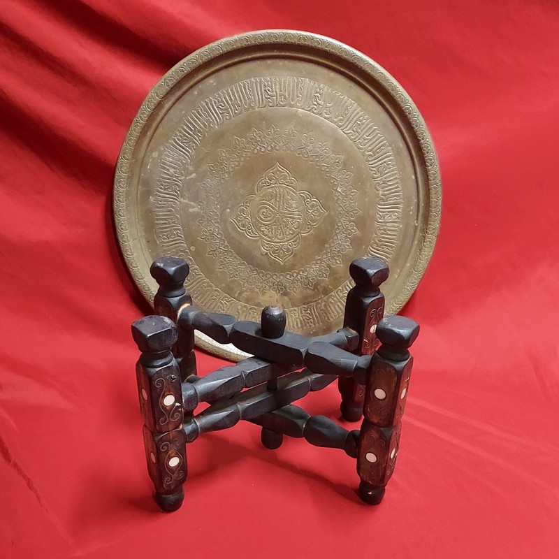 Vintage Middle Eastern Brass Tray Table w/ Mother of Pearl Inlaid Folding Stand gallery