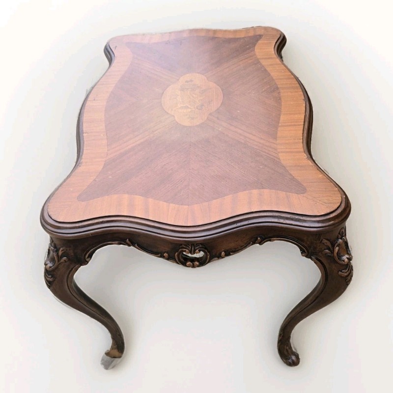 19th Century Louis XV Style Inlaid Marquetry Coffee Table Ornate Carved Floral