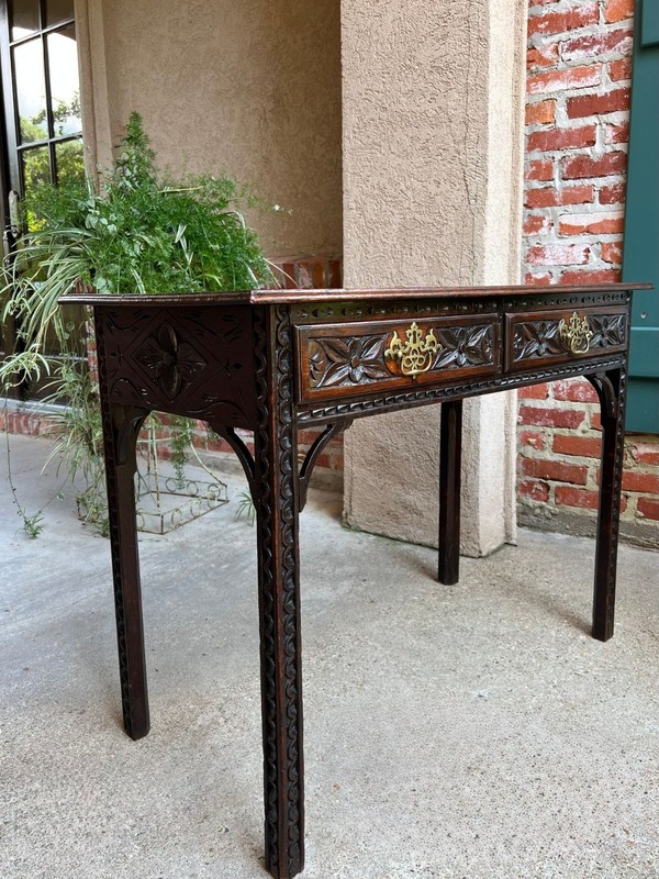 Antique English Sofa Console Table Jacobean Carved Oak Foyer Table c1890 gallery