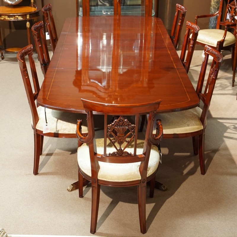 Beautiful 10' Duncan Phyfe traditional mahogany 2 pedestal formal dining table gallery