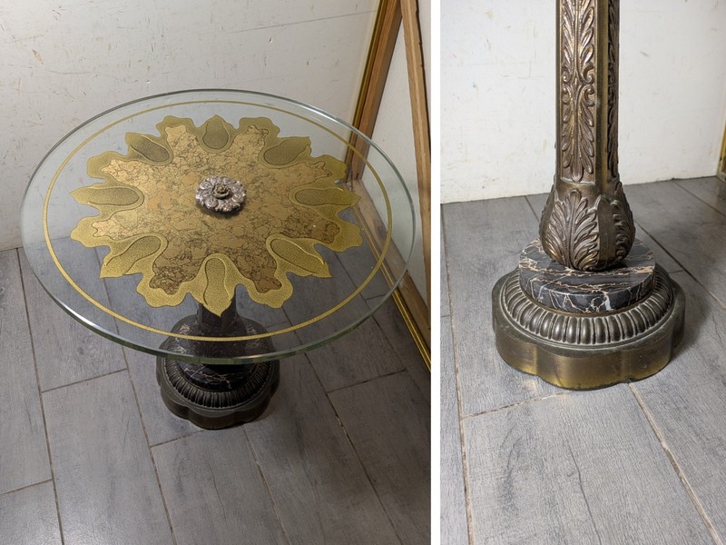 Vintage Hollywood Regency Neoclassical Brass Marble Gold Gilt Pedestal Table F73