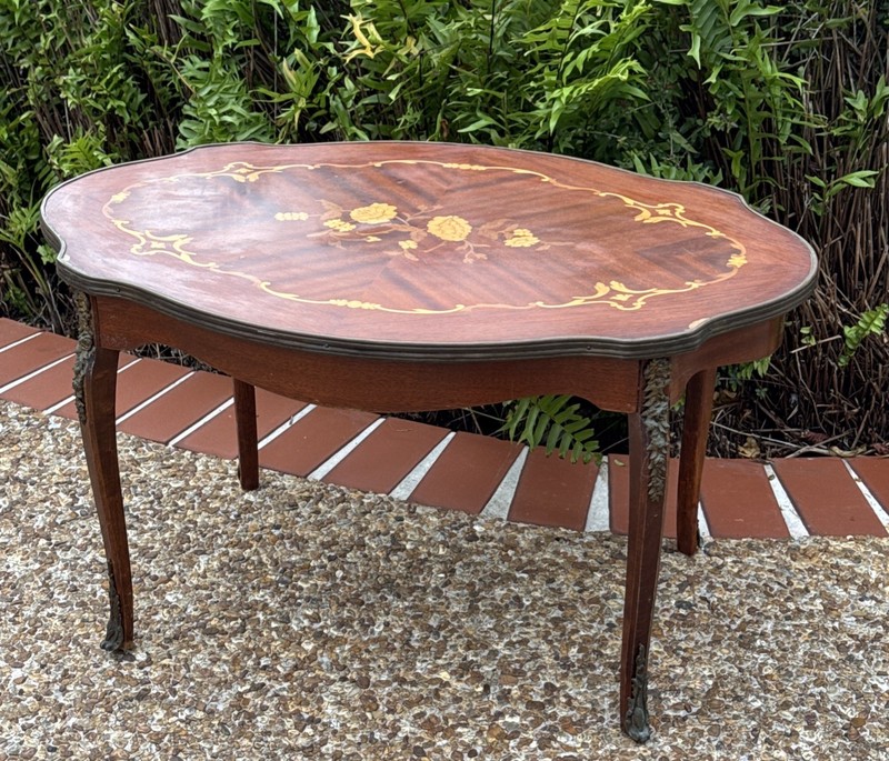 Antique Louis XV Style Coffee Table In Laid Wood Ormolu Marquetry Made in Spain