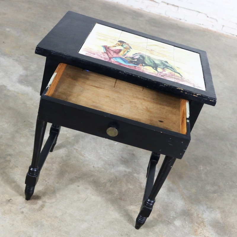 ON SALE!!! Black Turned Leg Drawered End Table with Matador and Bull Tile Insert gallery
