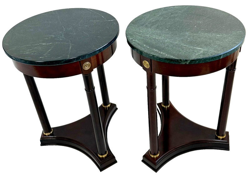 Bombay Co French Empire Neoclassical Style Mahogany Marble Side Table, a Pair
