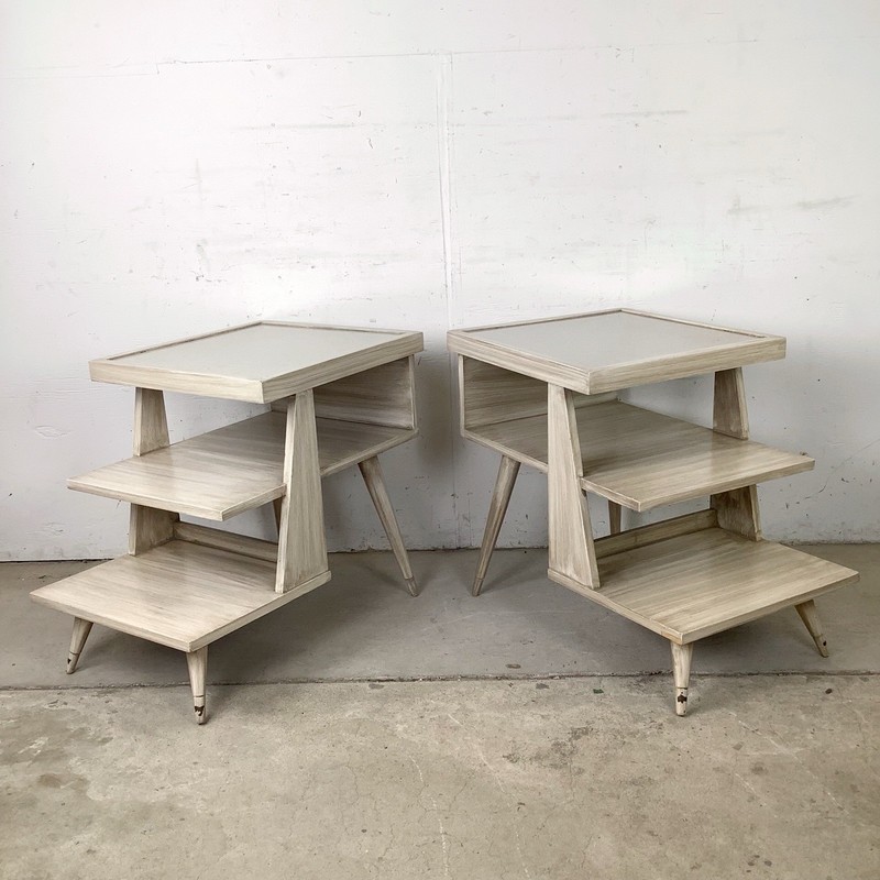 Pair Vintage American Three-Tier Step End Tables Cerused Finish gallery