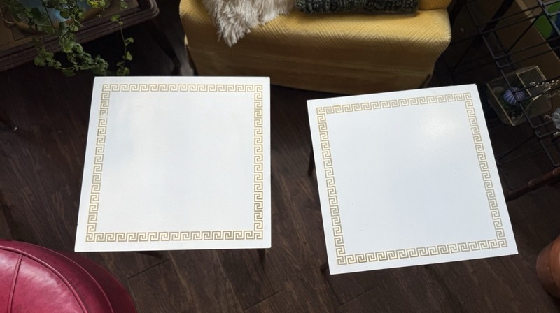 Vintage MCM nesting Stacking Tables Greek Key Design ARTEX 2 White /gold Accents gallery