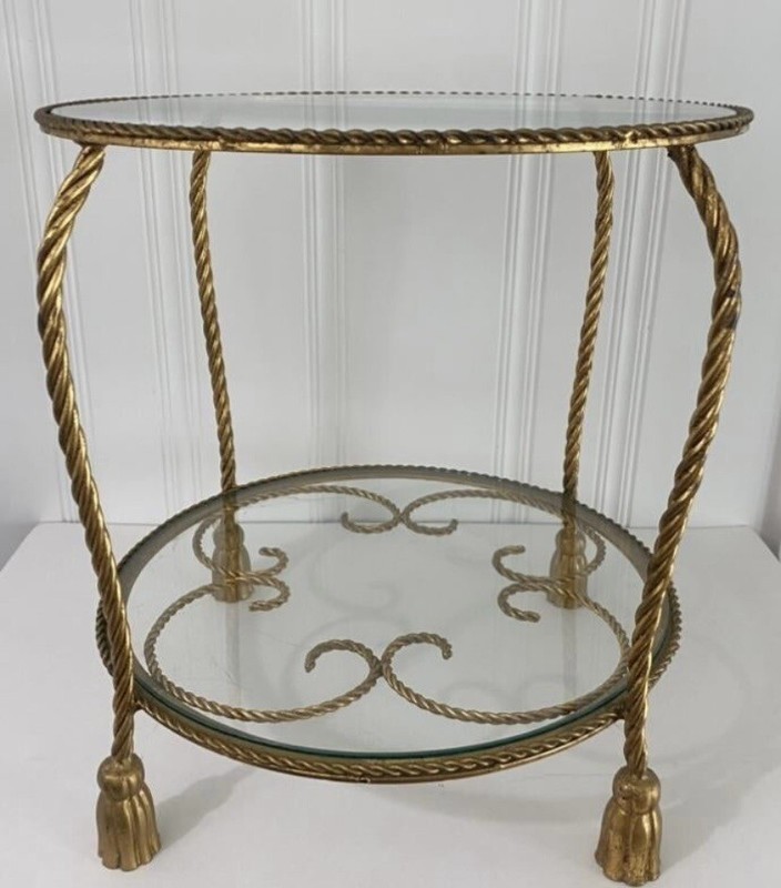 Mid Century Gold Italian Tassel Rope Round Side Table Hollywood Regency No Glass gallery