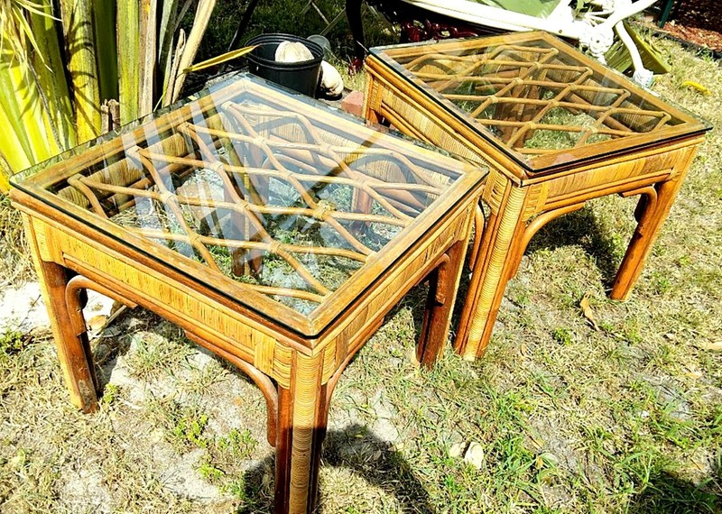 Vintage BAMBOO RATTAN 2 End Lamp Tables – Chic Regency elegant w glass