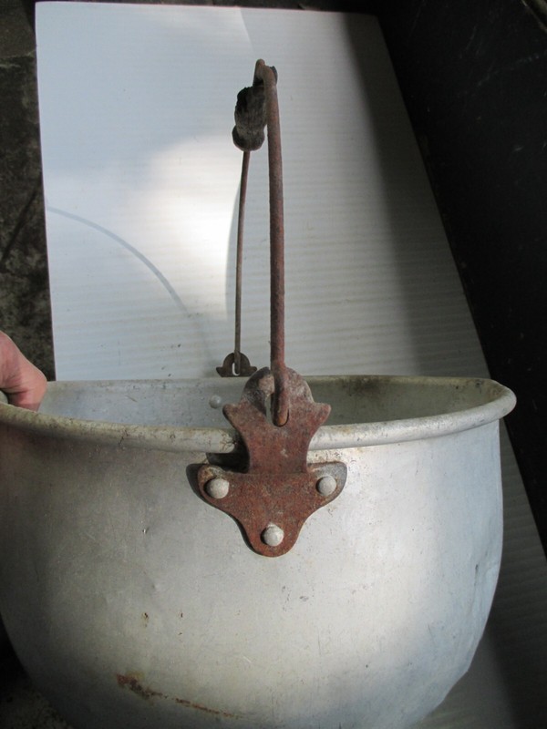 Large Antique Rustic Aluminum Ware Wood Bail Handle Pot-great for Flower Pot gallery