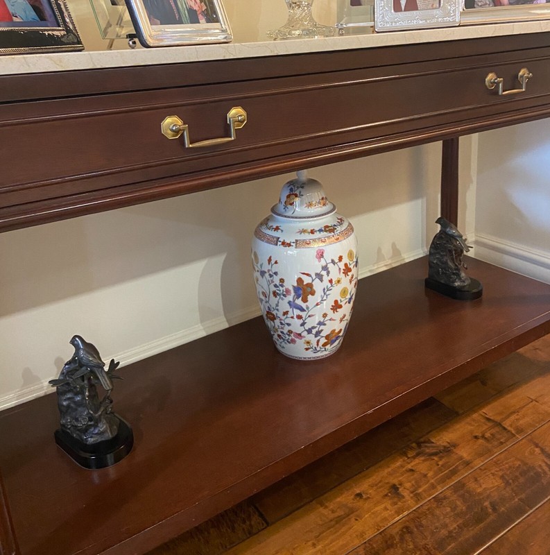 Vintage Wood Console Table with Marble Top, Gold Leaf Paint and Brass Accents gallery