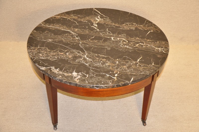 Regency Mahogany Round Coffee Table With Original Portoro Marble Top, c. 1940's gallery