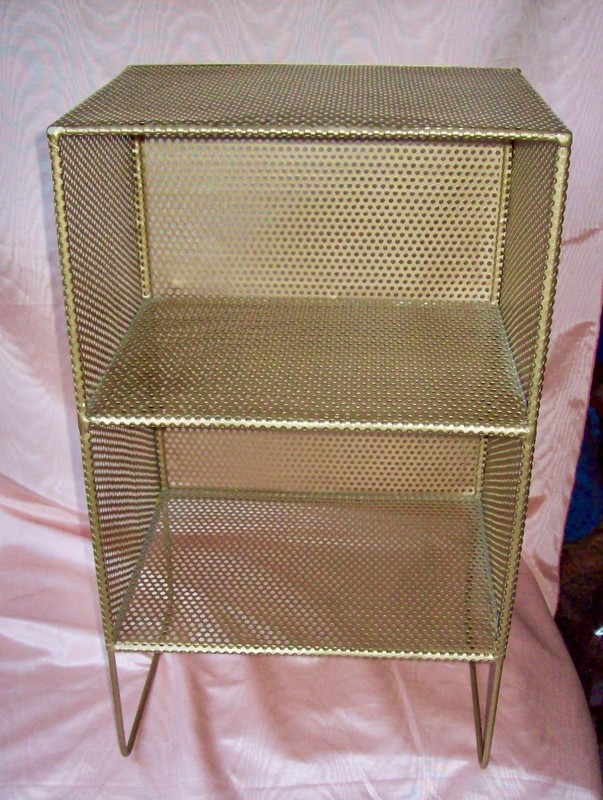MID CENTURY MODERN PERFORATED HOLES GOLDTONE METAL END TABLE STAND w/ 2 SHELVES gallery