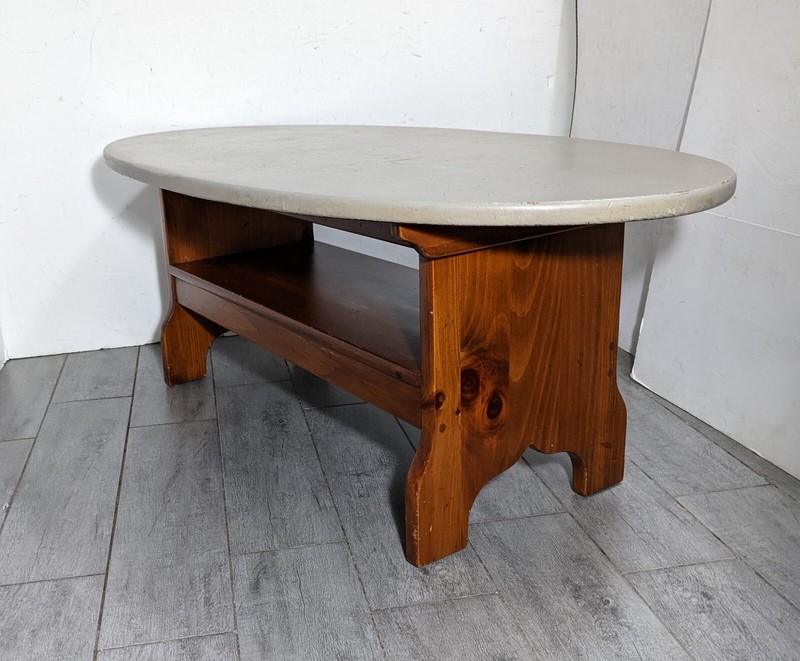 Vintage Ethan Allen Rustic Farmhouse Pine Wood Oval Coffee Table Painted Top