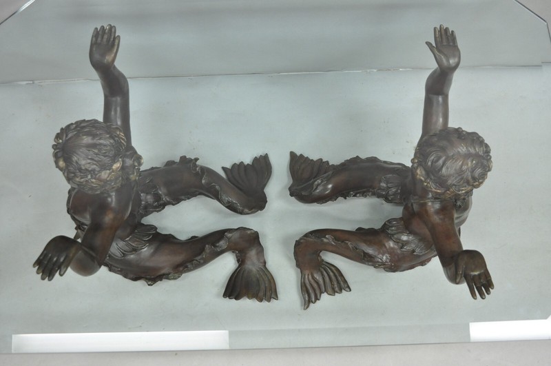 Vintage French Neoclassical Figural Bronze Merman Mermaid Glass Top Coffee Table gallery
