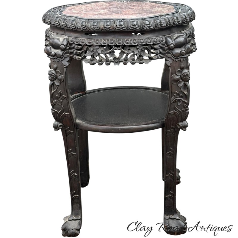 Antique large Chinese rosewood rose marble top stand center table carved 1880 gallery
