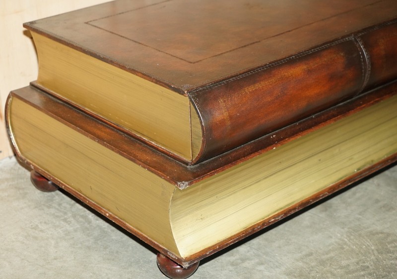 FULLY RESTORED BROWN LEATHER SCHOLARS STACK OF BOOKCASE COFFEE TABLE DRAWERS gallery