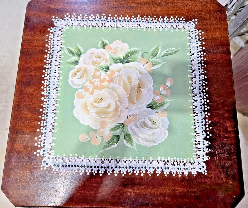 Antique Grand Rapids Imperial Side Table-with drawer- Hand Painted Floral on top gallery