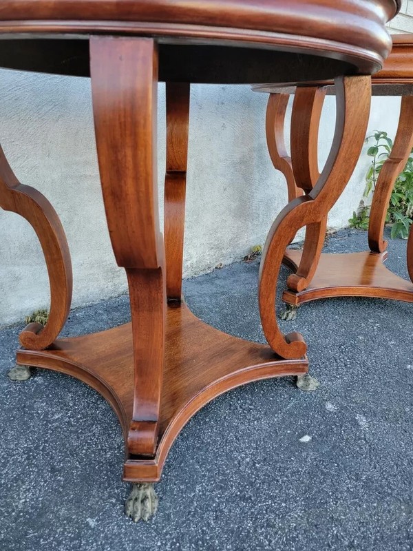 PAIR ANTIQUE ENGLISH REGENCY MAHOGANY ROUND PINK MARBLE SOFA TABLE W BRASS FEET gallery