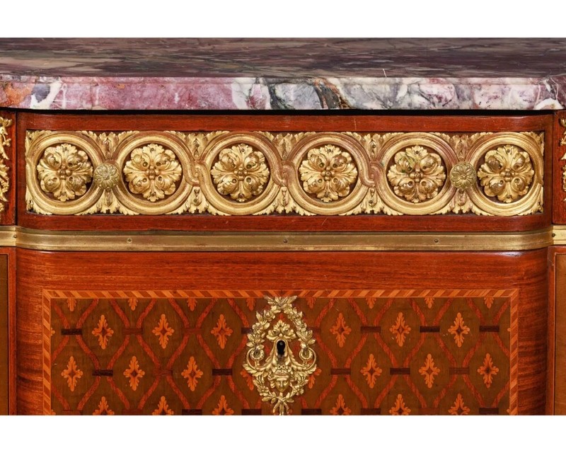 French Louis XVI Style Ormolu-Mounted Marquetry and Parquetry Commode gallery
