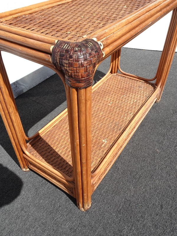 Vintage Rustic Console Sofa Table Tiki Palm Beach Style w Bamboo Rattan Leather gallery