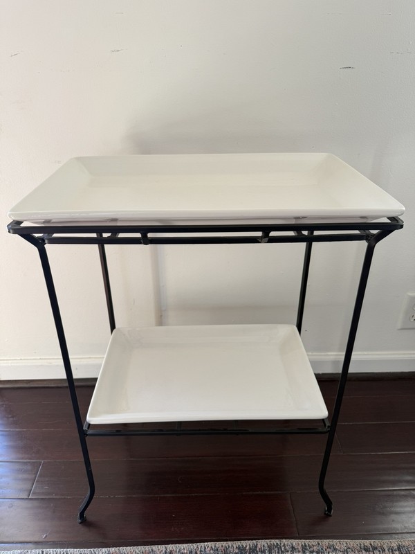 Vintage Two Tier Industrial Iron & Porcelain Serving Tray Table Dry Bar Stand gallery