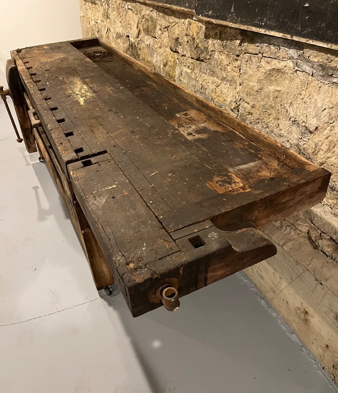 Large Antique Workbench Table With Drawer Wood Working Bench With Vise gallery