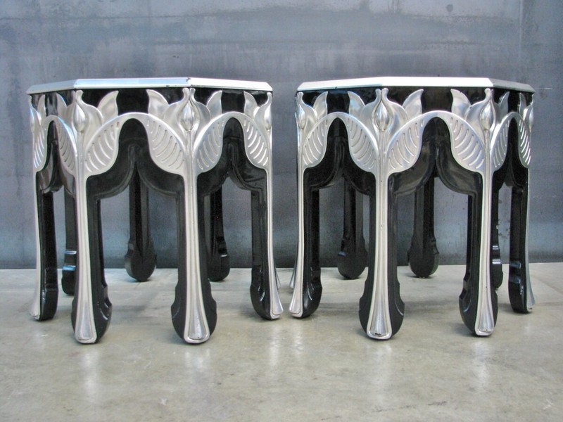 PAIR High-End Interior Crafts Octagonal Black Lacquer & Silver Leaf End Tables gallery