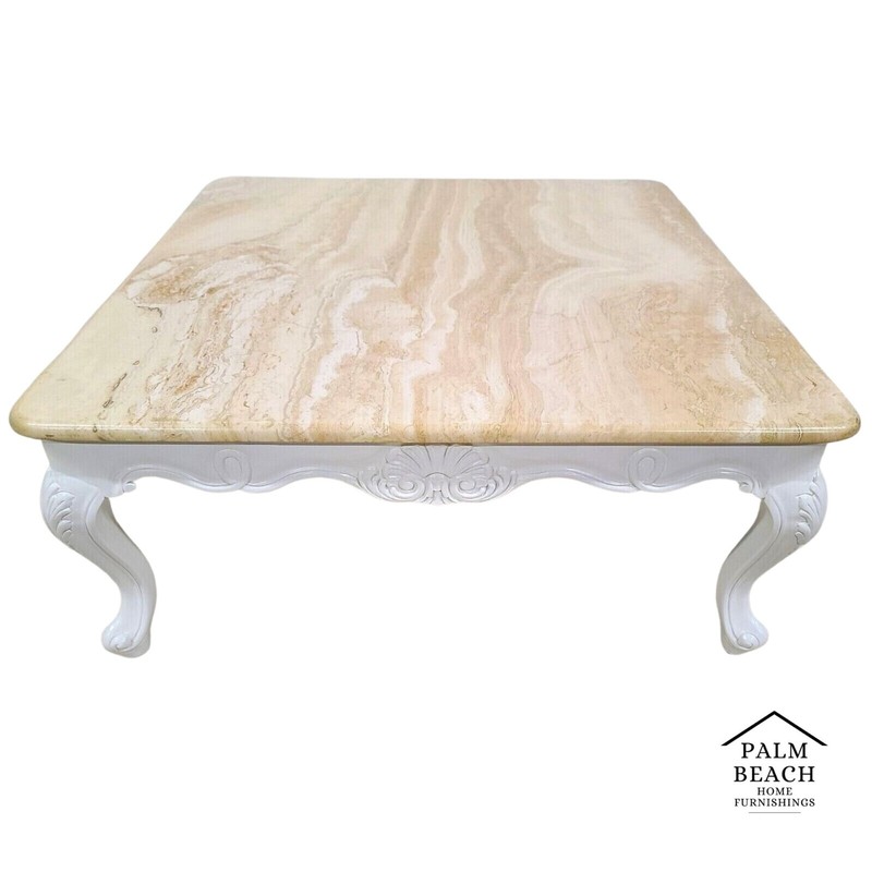 French Provincial Travertine Marble & Wood Cocktail Coffee Table
