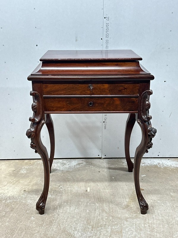 antique rosewood sewing work table rococo victorian carved birdseye interior gallery