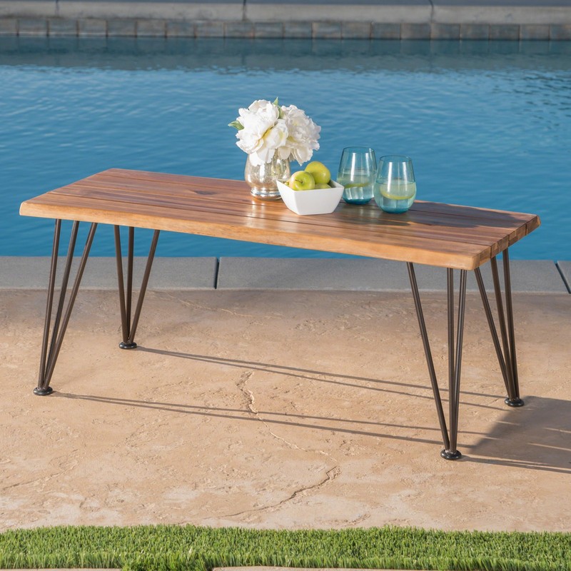 Outdoor Coffee Table Acacia Wood Teak Finish Iron Legs For Patio Yard Decor NEW