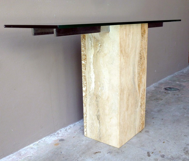 IMPOSING 1970'S ARCHITECTURAL TRAVERTINE MARBLE CONSOLE WITH GLASS TOP gallery