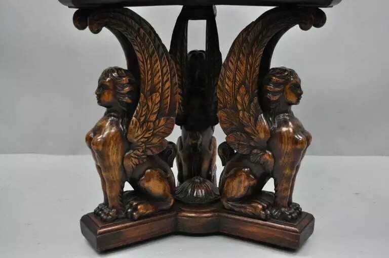 Antique French Renaissance Figural Walnut Winged Sphinx Resin Top Side Table gallery