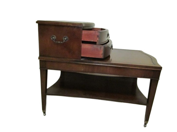 Antique Mahogany Wood Step Back Side Table Leather Inlay Wheels Tiered 2 Drawer gallery