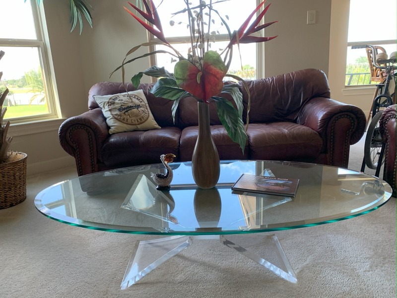Vintage Postmodern 80’s Lucite Base, Oval Beveled Glass Top Coffee Table