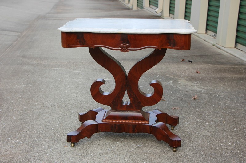 Fancy Classical Empire Flame Mahogany Marble Top Center Table with Wishbone Base